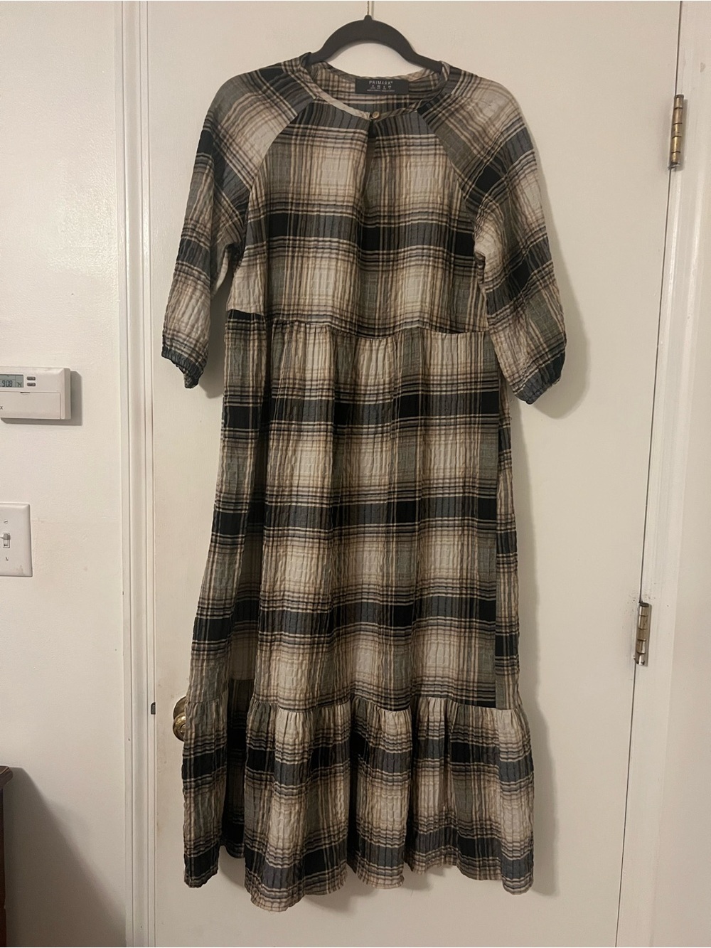 Black and Cream Plaid Tiered Maxi Dress cotton blend size 8 (Zz107)